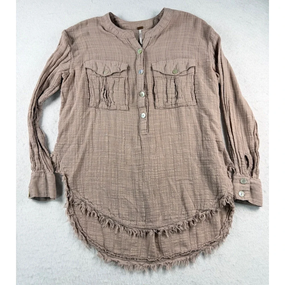 Free People Talk To Me Dusty Rose Gauze Button Up Utility Shirt XS Frayed Hem